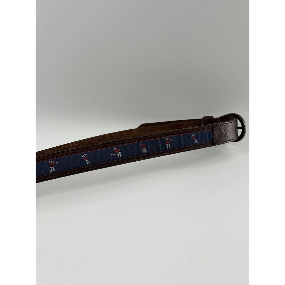 Golf Canvas Leather Men's Blue Golfer Belt Size 38 Brown Leather Brass Buckle